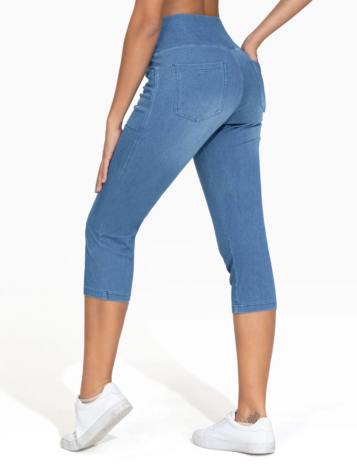 THE GYM PEOPLE Women's Cross Waisted Stretchy Capri Denim Jeggings Tummy Control Skinny Jean Leggings with Pockets