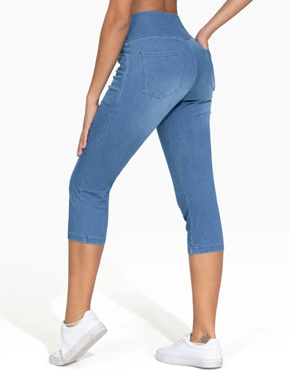 THE GYM PEOPLE Women's Cross Waisted Stretchy Capri Denim Jeggings Tummy Control Skinny Jean Leggings with Pockets