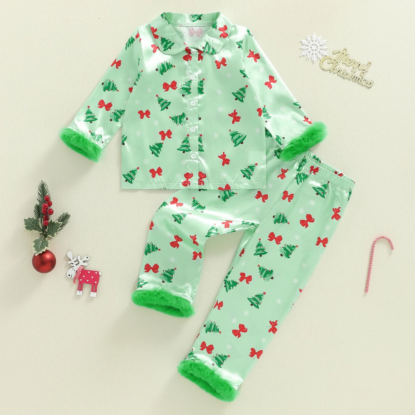 Boys 2Pcs Christmas Pajamas Long Sleeve Reindeer Print Shirt Pants Set Kids Sleepwear Loungewear Holiday Outfit