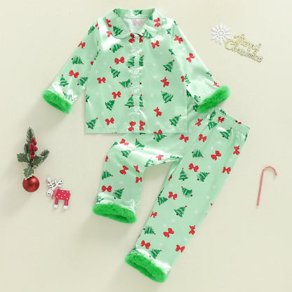 Boys 2Pcs Christmas Pajamas Long Sleeve Reindeer Print Shirt Pants Set Kids Sleepwear Loungewear Holiday Outfit