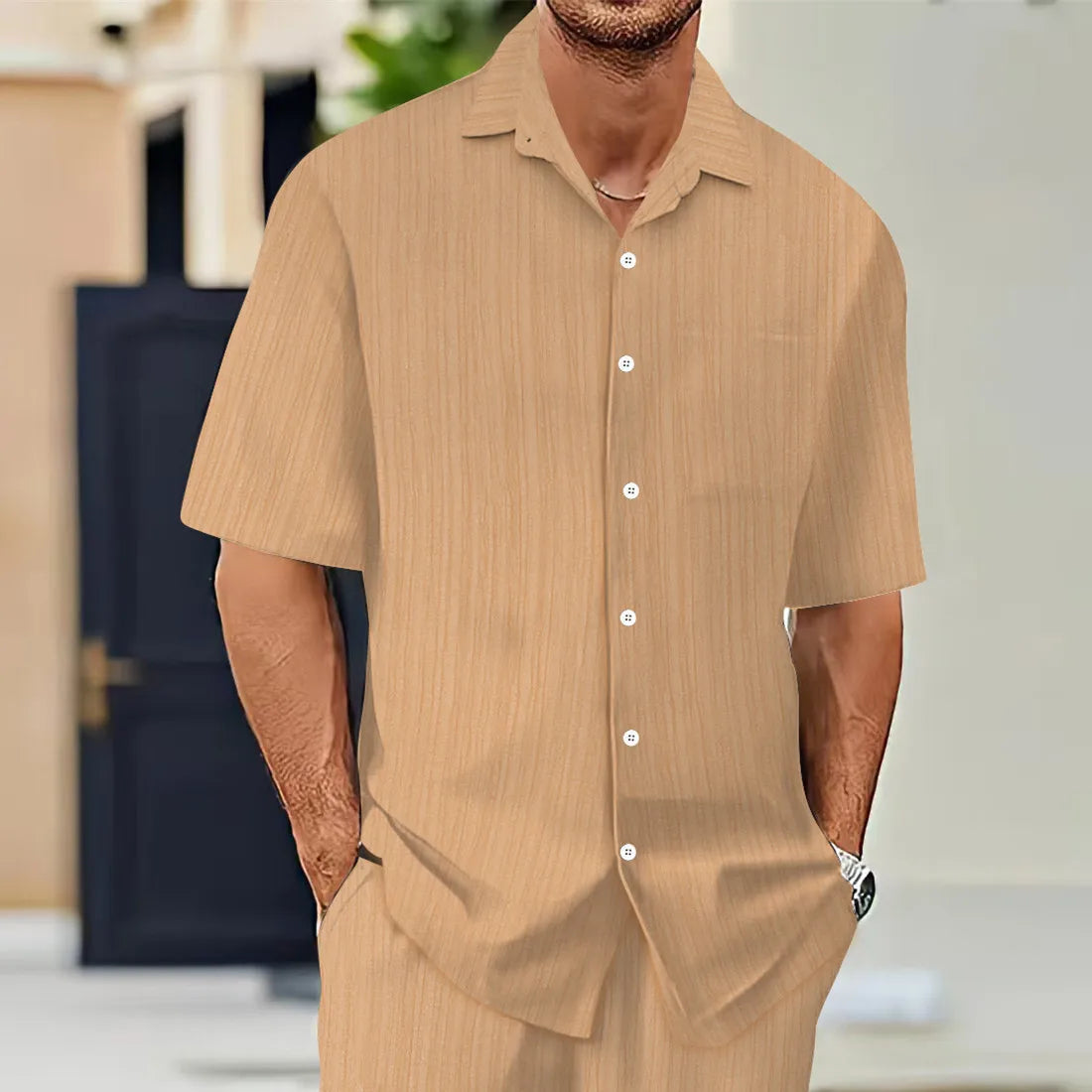 Hot Sale Men's Short-Sleeved Shirts Summer Solid Color Turn-down collar Casual Beach Style Plus Size