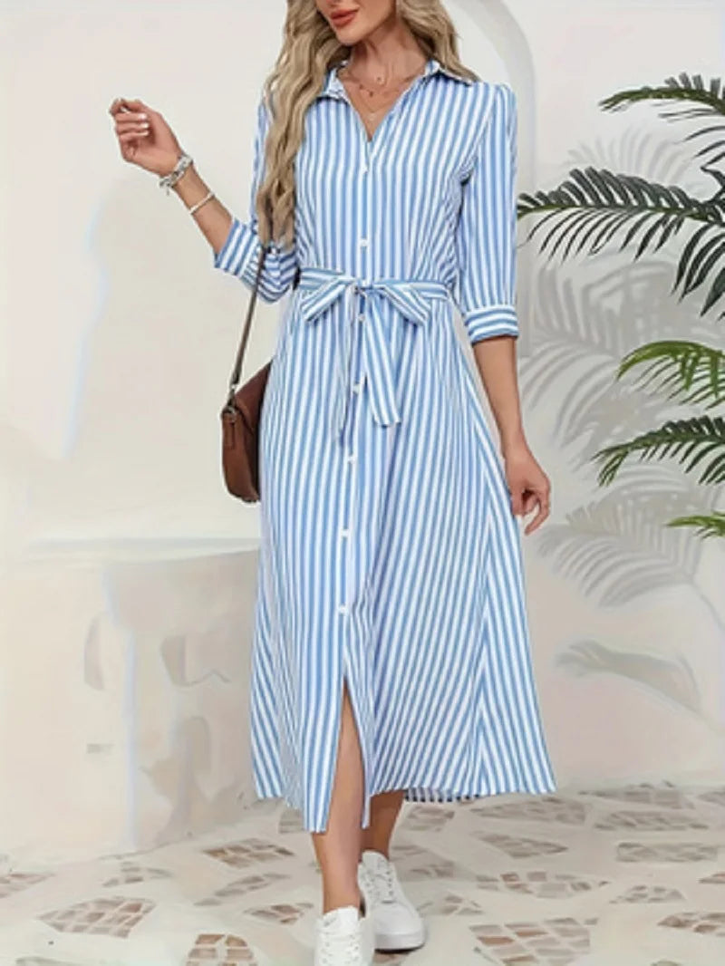 Women Blue White Vertical Striped Shirt Midi Dress 2026 New Turn Down Collar Button Front Belt Waist Tie Waist 3/4 Sleeve Split