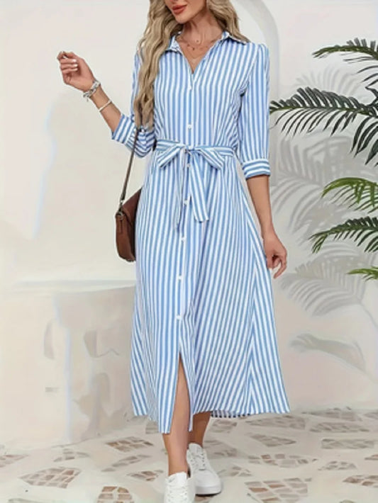 Women Blue White Vertical Striped Shirt Midi Dress 2026 New Turn Down Collar Button Front Belt Waist Tie Waist 3/4 Sleeve Split