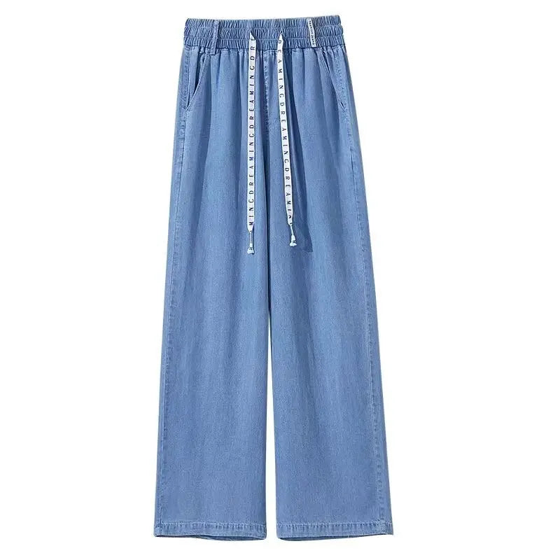 Plus Size Loose Fit Ice Silk Jeans Casual Yoga Demin Pants Women's Summer Trendy Brand Thin Wide Leg Pants Feel Comfortable