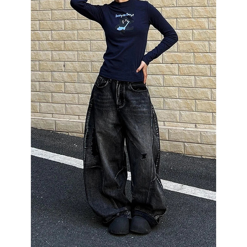 ZHIZOU Women Tomboy Dark Academia Baggy Low Rise Mom Jean Japanese Y2K Harajuku Denim Wide Leg Pants 2000s Cyber Punk Grunge