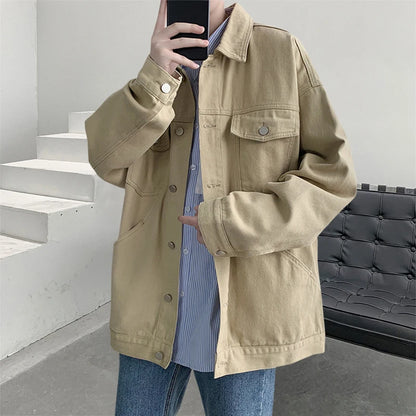 2026 New Steetwear Red Mens Jean Jackets Turn Down Collar Multi-pockets Denim Coats Overalls Loose Casual Men Clothing Outwear