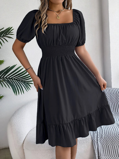 Spring Summer Elegant High Waisted Dress Square Neck Short Sleeved Ruffled Edge Long Dresses 2026 Valentine's Day Woman Clothing