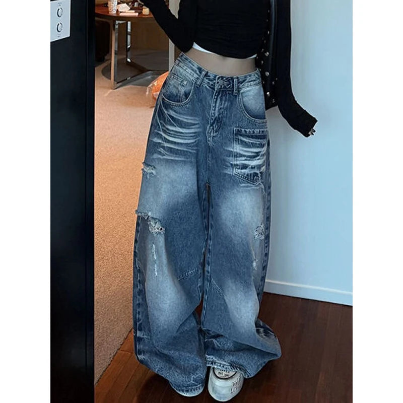 YIBASHU 2026 Summer Women's Ripped Denim Pants Y2K Men Wide Fit Baggy Jean Japanese Harajuku Jean Punk Tide Mom Jeans Boyfriend