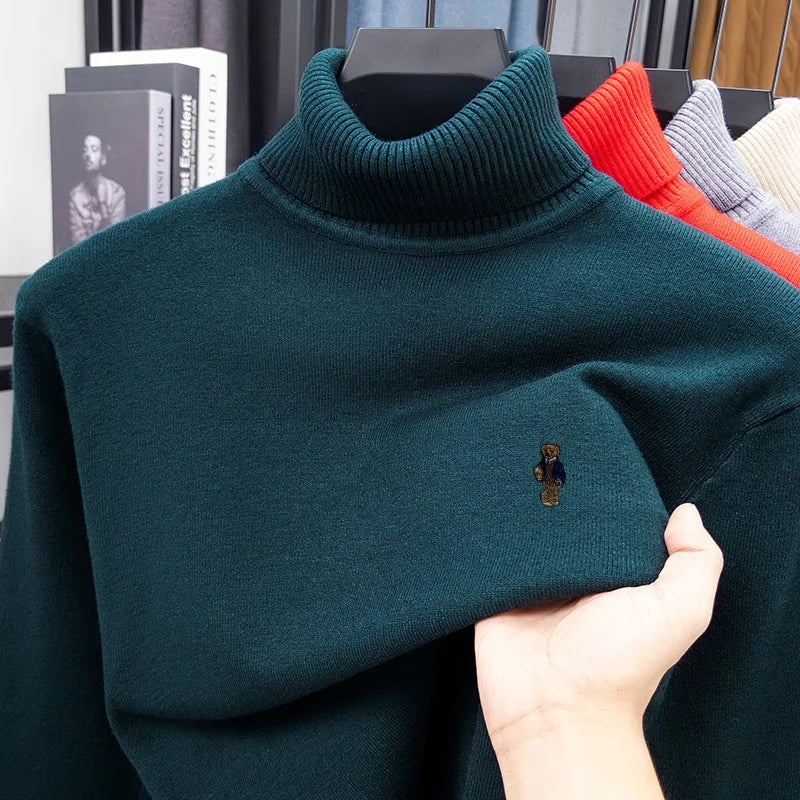 High-End Man Spring Long-Sleeved Knitwear Bear Print High Neck Hot Pullover Versatile Trend Leisure Warm Sweater Men's Clothing
