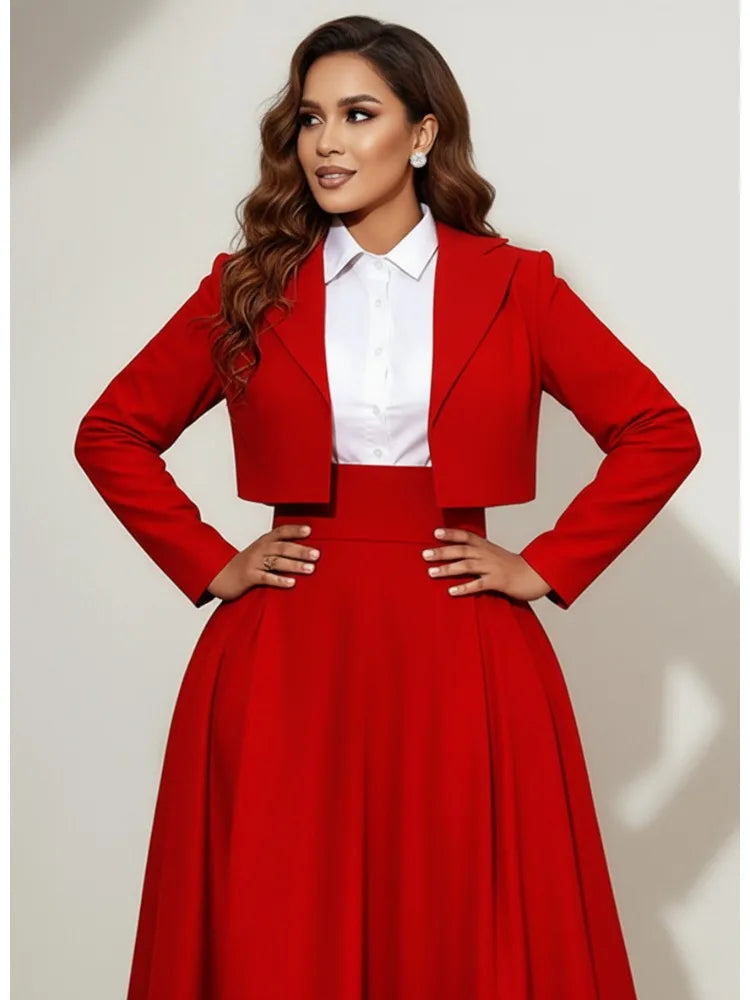Freeacy 2026 New Women's Solid Red Cropped Blazer Notch Lapel Long Sleeves Cardigan Jacket Formal Suit Jacket Outerwears