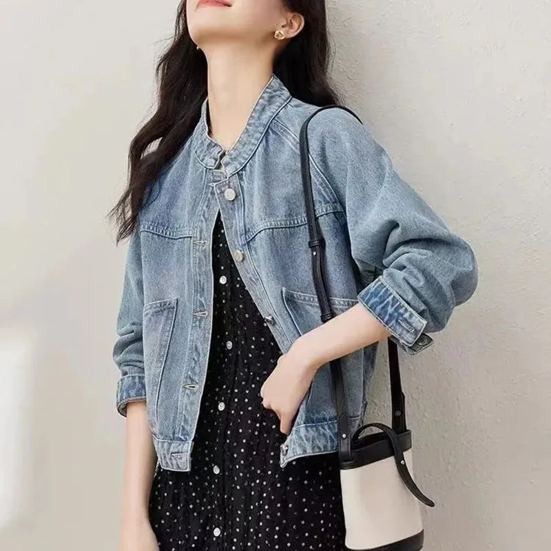 New Womens Retro Washed Denim Jacket Autumn Winter Standing Collar Basic Coat Fashion Female Casual Motorcycle Jacket Light Blue