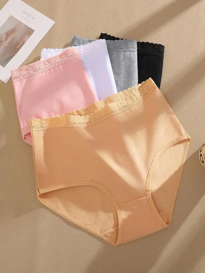 6PCS Womens Cotton Lace Trim Soft Comfortable High-Waisted Briefs Plus Size S-XXL