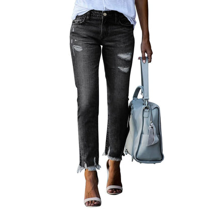 Spring Autumn Women's Denim Pants Ladies Slim Jeans Ripped Raw Edges Straight Leg Jeans Women Tight Leggings Soft Pencil Pants