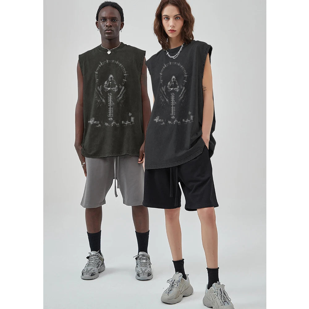 Y2K Tanks Tops for Men Women 100% Cotton Vintage Black Men's Clothing Hip Hop Punk Rock Sleeveless Tshirts Gothic Vests