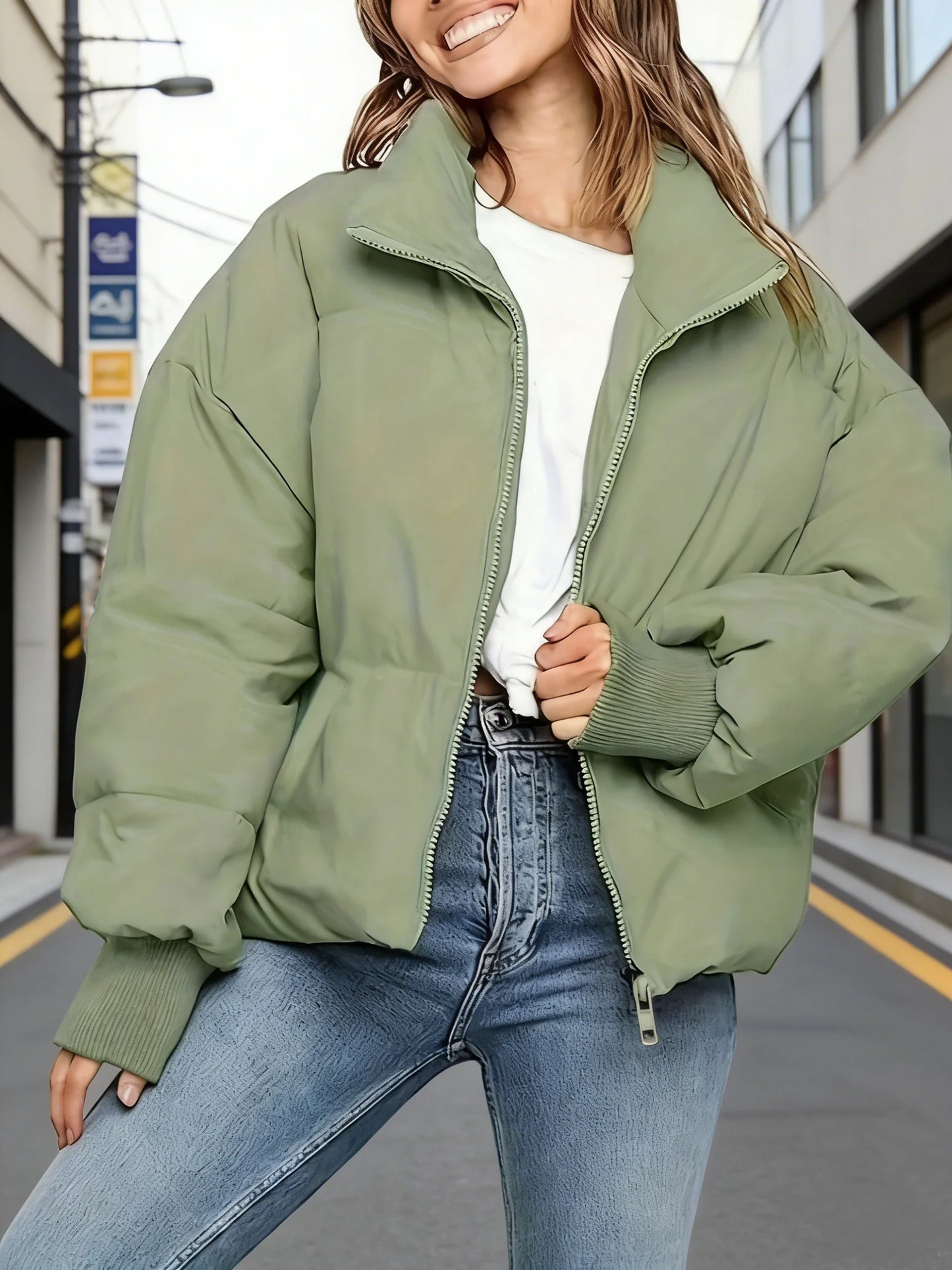 Thickened Oversized Cropped Puffer Jacket, Army Green Zip-Up Style, Women's Warm Top