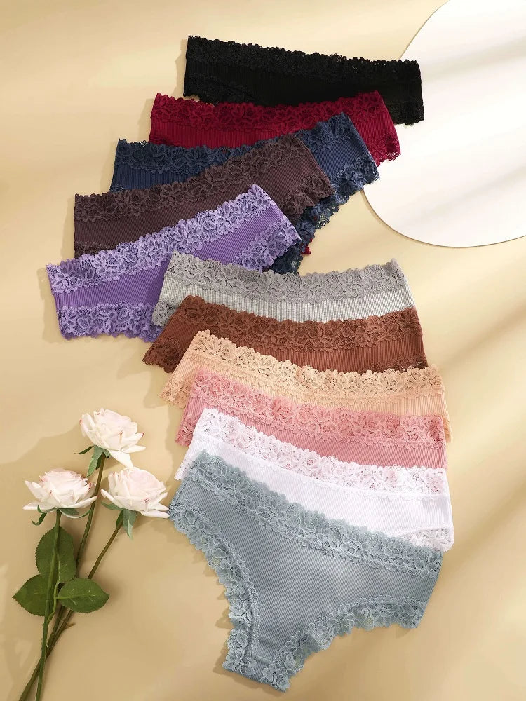 11PCS Women Lace Cotton Panties Seamless Brazilian Panties Sexy Low-Waist T-Back Bikini Female Breathable Underwear Lingerie