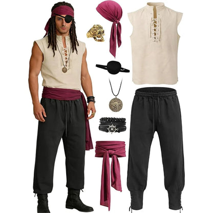 Men's Pirate Costume 8PCS Renaissance Sleeveless Shirt Ankle-Banded Pants Sash Belt & Accessories for LARP Cosplay