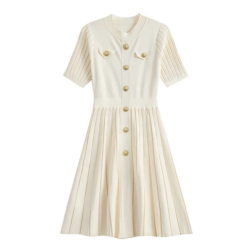 ZJYT New Summer 2026 Fashion Knit Dresses for Women Elegant Short Sleeve Beige Black Casual Daily Party Aline Dress Vestidos