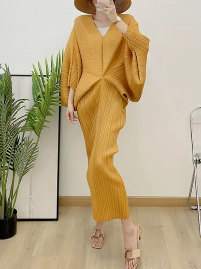 Fold Elegant Pleated V-neck Batwing Elastic Sleeve Mid-calf Dress Women Loose Solid Color 2025 Summer Female New Clothing