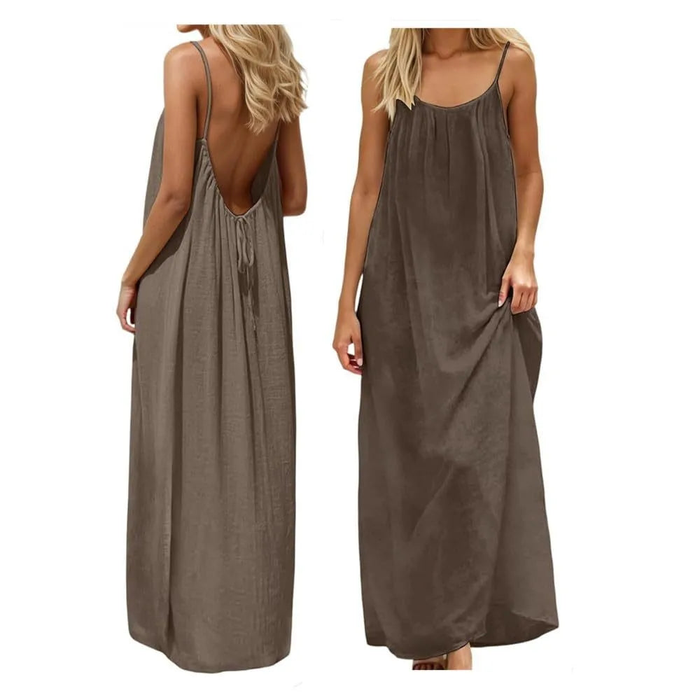 Women's 2026 Summer Ice Silk Crepe Maxi Dress, Solid Color Backless Ruched Spaghetti Strap Casual Long Dress for Beach Vacation