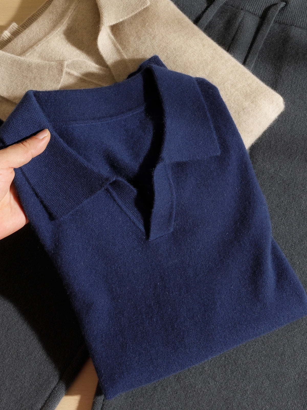 100% Pure Cashmere Sweater Men's Seagull Collar 5-Point Sleeve T-Shirt Short Sleeve Spring and Autumn Conventional Thickness