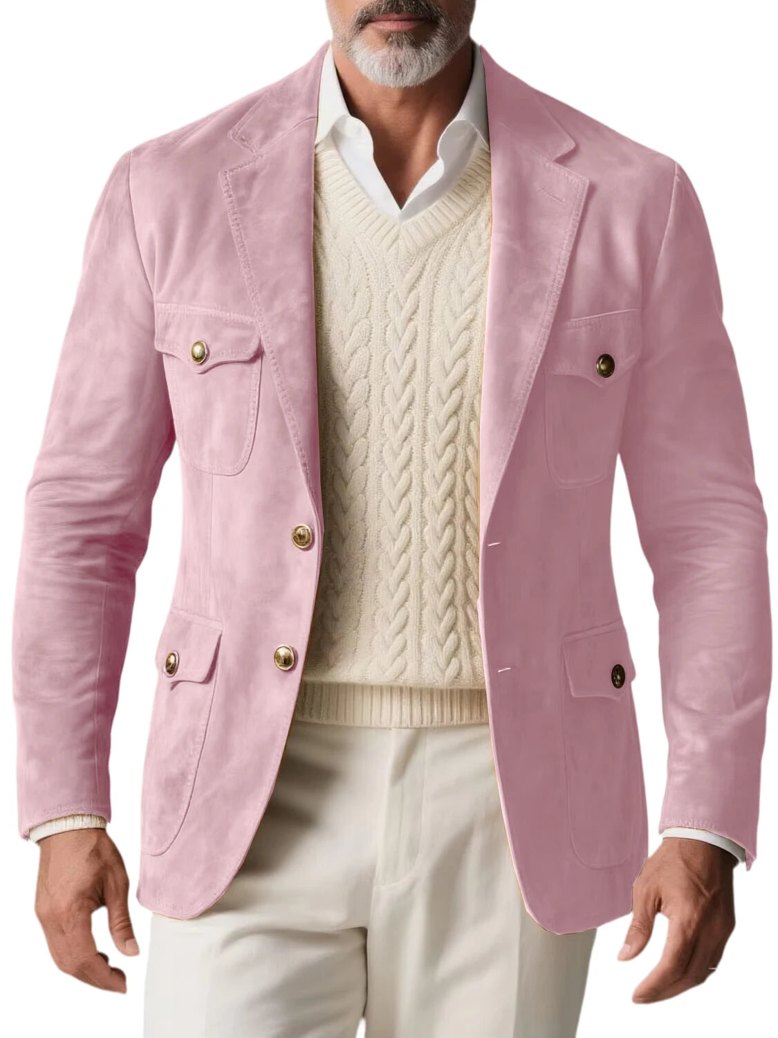 1970s Men's Suede Blazer Retro Slim Fit Two Buttons Multi Pocket High Quality Jacket Fashion Casual Sport Coat For Daily Wear