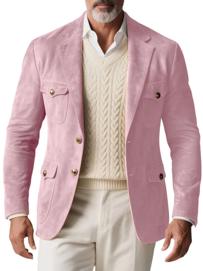 1970s Men's Suede Blazer Retro Slim Fit Two Buttons Multi Pocket High Quality Jacket Fashion Casual Sport Coat For Daily Wear