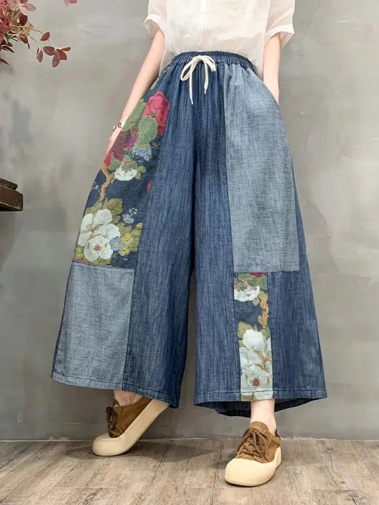 Amax luluE 2024 Summer Womens Fashion Denim Printed Plus Size Wide Leg Pants Ladies Casual Loose Floral Jeans Classic Trousers
