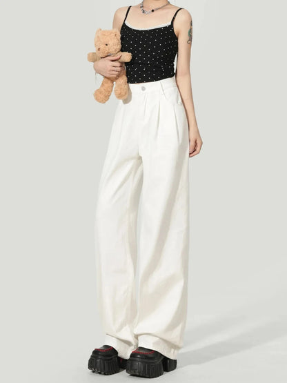 Y2K Korean Style Women's White High Waisted Wide Leg Jeans 2026 Spring Summer New Pleated Design Draped Casual Pants Streetwear