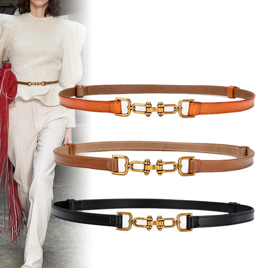 Women's Adjustable Thin Leather Belt, Genuine Leather Waist Belt with Decorative Fashion Buckle for Coats and Dresses