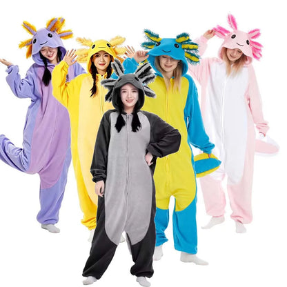 Animal Axolotl Kigurumi Pyjamas Halloween Family Onesie Adult Cartoon Purple Pink Blue Pajama Cosplay Party Women Men Homewear