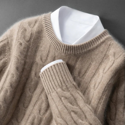 ZOCEPT 100% Natural Cashmere Men's Sweater Autumn Winter Thick Warm O-Neck Casual Pullover Knitted Twisted Flower Sweater Top