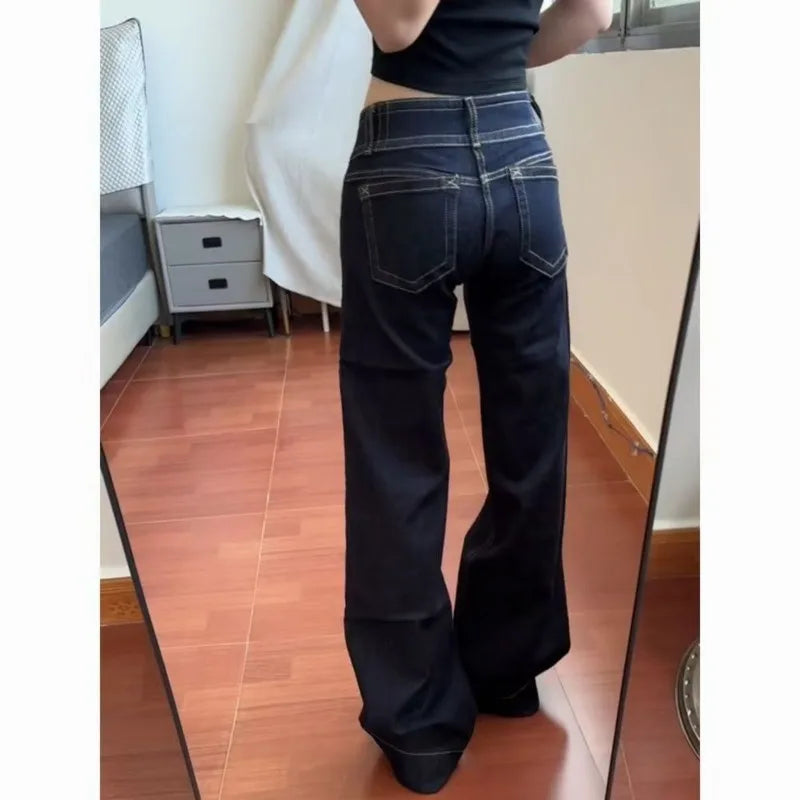 Womens Jeans New American Style Double Waist Button Bootcut Loose Fit Low Rise Straight Leg Pants Not Tight