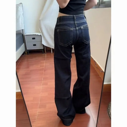 Womens Jeans New American Style Double Waist Button Bootcut Loose Fit Low Rise Straight Leg Pants Not Tight