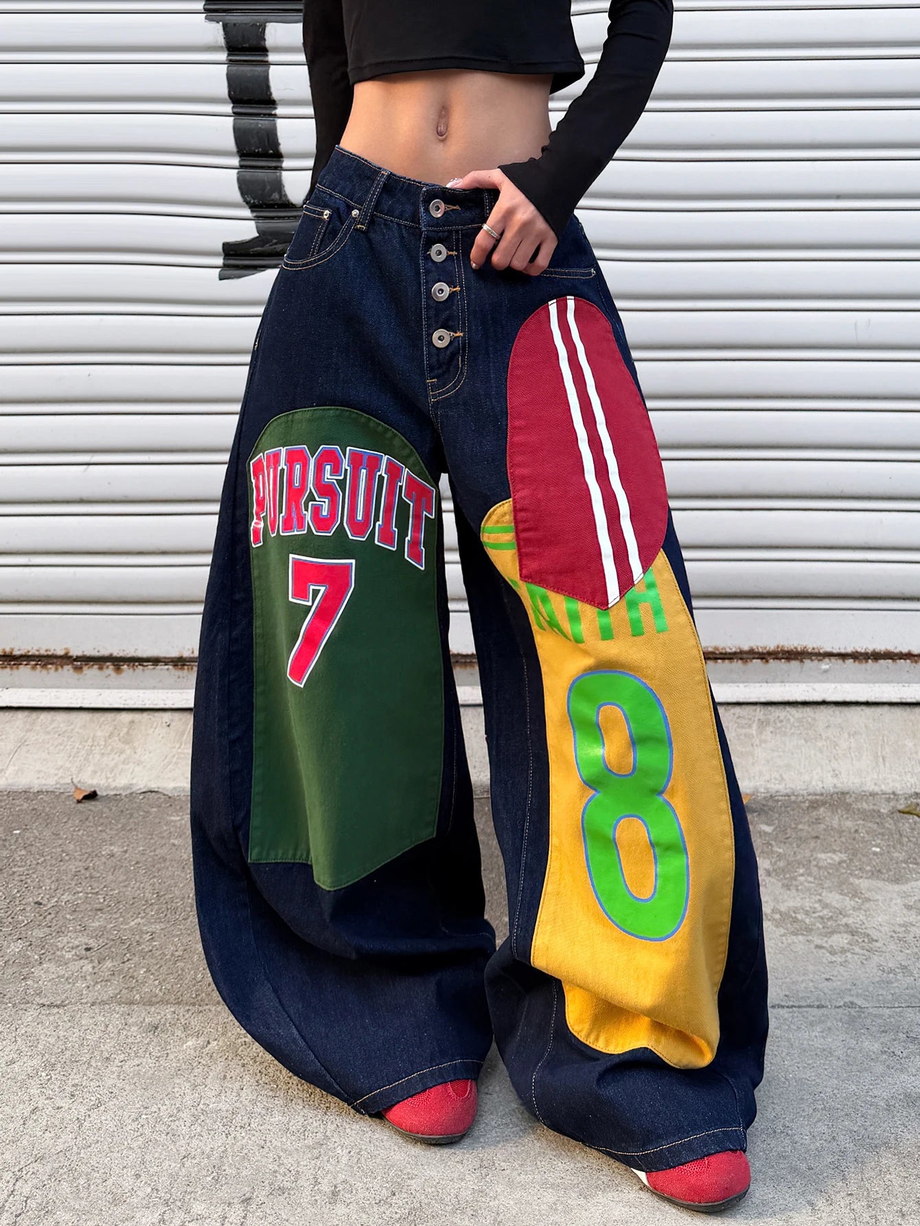 American Retro Alphanumeric Cartoon Printed Button-Down Design Cocoon Jeans, Y2K Street Hip-Hop Fashion Versatile Wide-Leg Pants For Women