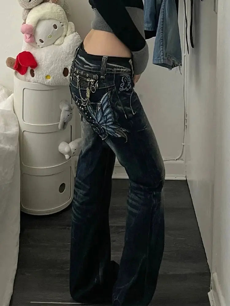 Embroidered Women Jeans Y2K Millennium Harajuku Slim Flared Jeans American Fashion High Street Large Size Butterfly