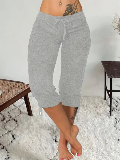 Plus size spring/summer/autumn stretch seven point jogging pants for women, with drawstring at the waist - fashionable pure blac