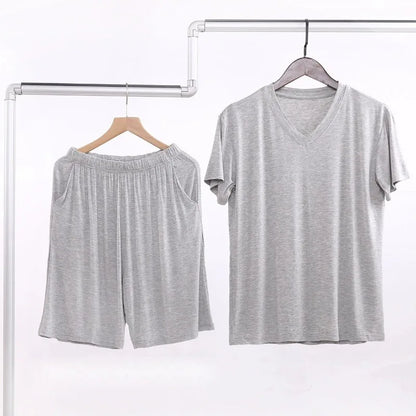 Summer Men's Modal Short Sleeve Shorts Set V-Neck Loose Fit Comfortable Sleepwear Home Clothes Mid-aged And Elderly Suitable
