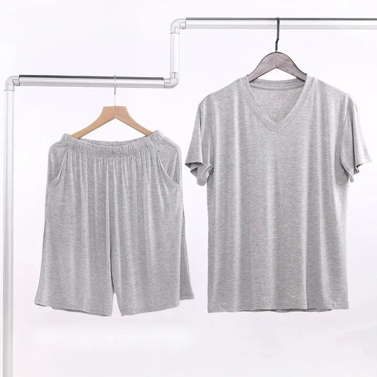Summer Men's Modal Short Sleeve Shorts Set V-Neck Loose Fit Comfortable Sleepwear Home Clothes Mid-aged And Elderly Suitable