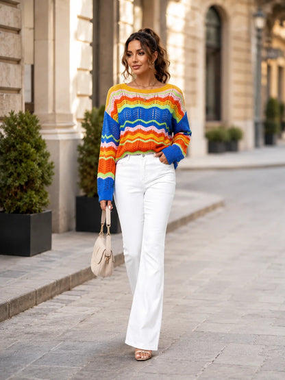 Colorful Wave Stripe Crochet Knit Sweater for Women, Hollow Out Long Sleeve Crewneck Loose Pullover Top, Y2K Retro Bohemian Sweater