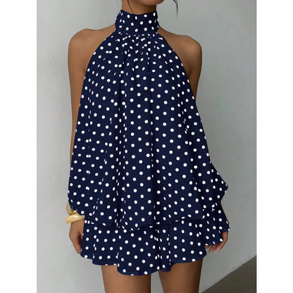 Women White Black Polka Dot Halter Mini Dress Summer Sleeveless Ruffle Tiered Short Dress Elegant Party Clubwear A-Line Vestidos