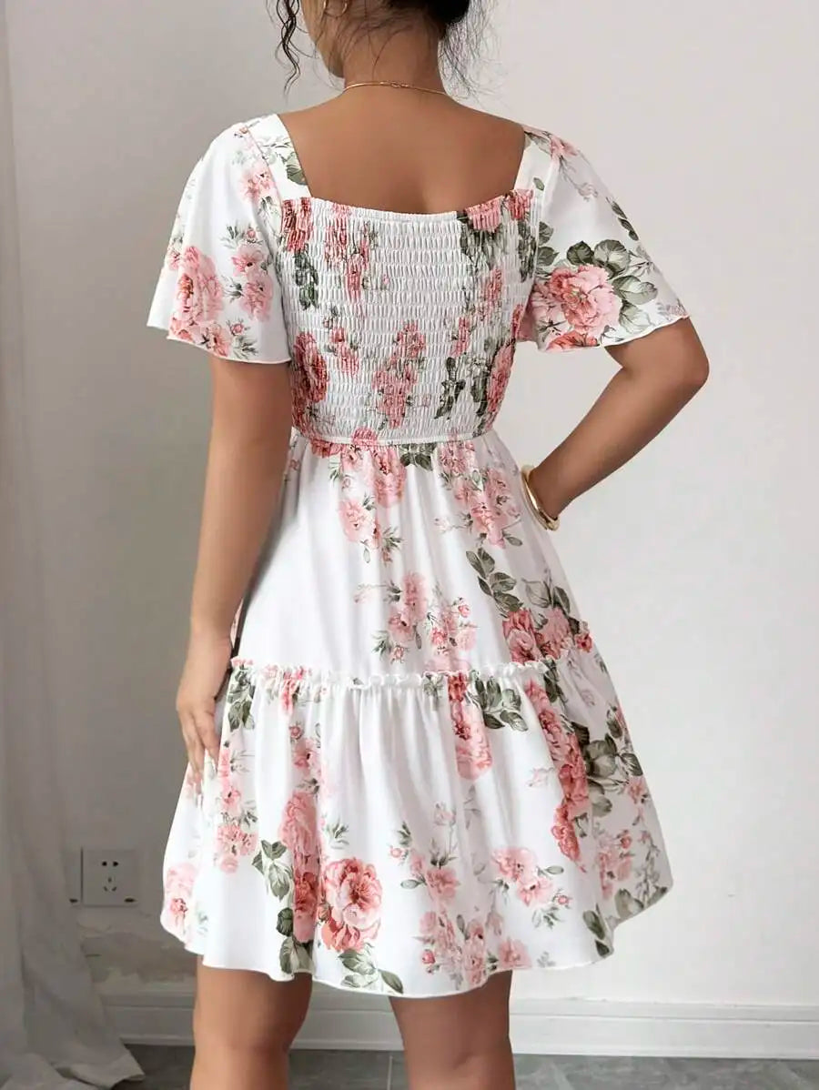 Women Floral Print Sashes Ruffle Hem Short Sleeve Casual Dress, Vacation Style Women's Evening Dresses