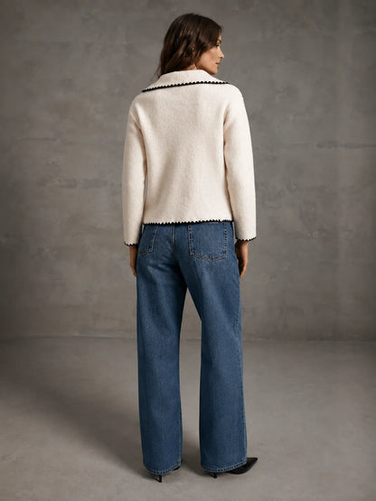 Contrast Trim Peter Pan Collar Sweater for Women, Long Sleeve V‑Neck Loose Fit Knit Pullover Top for Casual Daily Office Fall Winter Wear