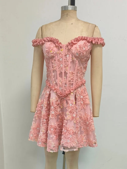 Sexy Off The Shoulder Floral Embroidery Mini Dress Women Ruffles Sleeveless Backless Flowers A-line Dresses Evening Party Gowns