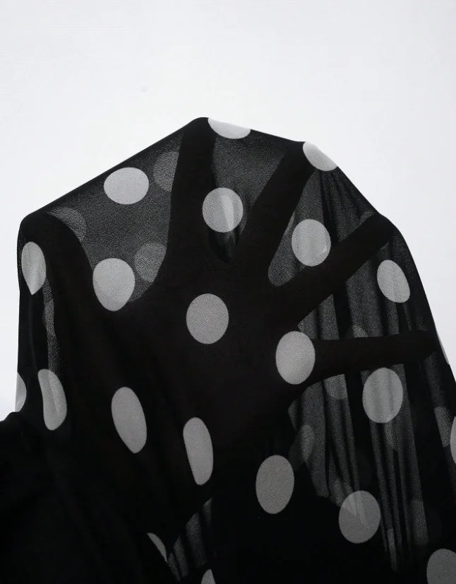 Plus Size Women's Black and White Polka Dot Peplum Shirt Top, Chiffon Sleeveless V-Neck Wrap Irregular Blouse with Drape Ties,