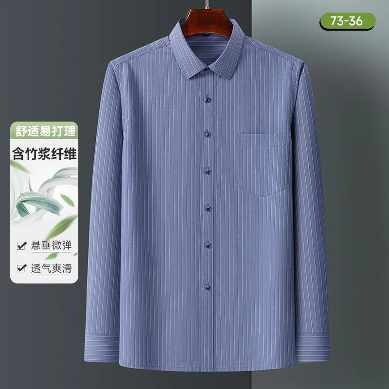 Bamboo Fiber Mens Business Shirt Long Sleeve Casual Plaid Print Stripe Fashion Anti-Wrinkle Button Up Social Oversized S-7XL 5XL