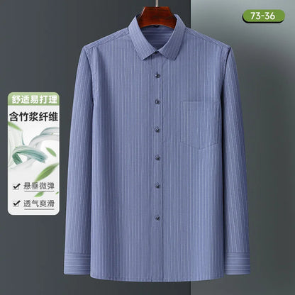 Bamboo Fiber Mens Business Shirt Long Sleeve Casual Plaid Print Stripe Fashion Anti-Wrinkle Button Up Social Oversized S-7XL 5XL