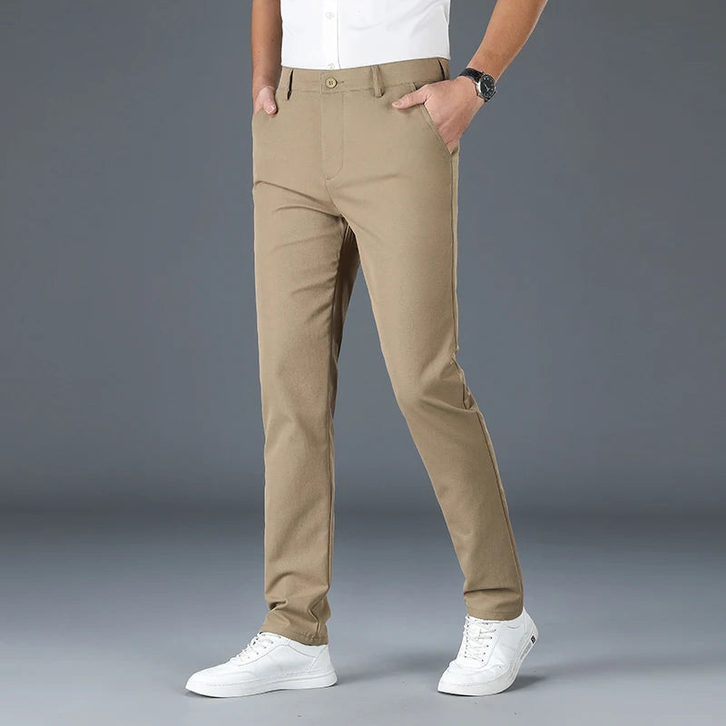 2025 New Men's Business Casual Straight Pants Micro Elastic Burgundy Khaki Black Classic Fashion Brand Four Seasons Trousers