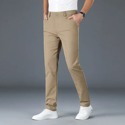 2025 New Men's Business Casual Straight Pants Micro Elastic Burgundy Khaki Black Classic Fashion Brand Four Seasons Trousers