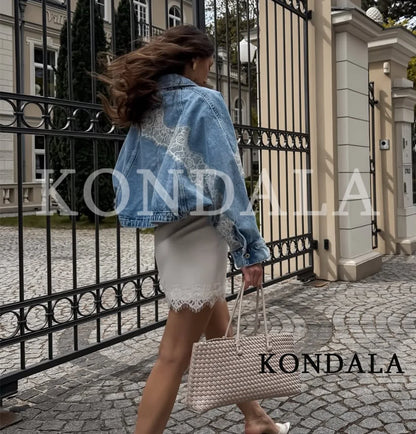 KONDALA Leisure High Street Denim Lace Jacket Women Elegant Trendy Bomber Jacket New 2026 Spring Fashion Ladies Buttons Jacket